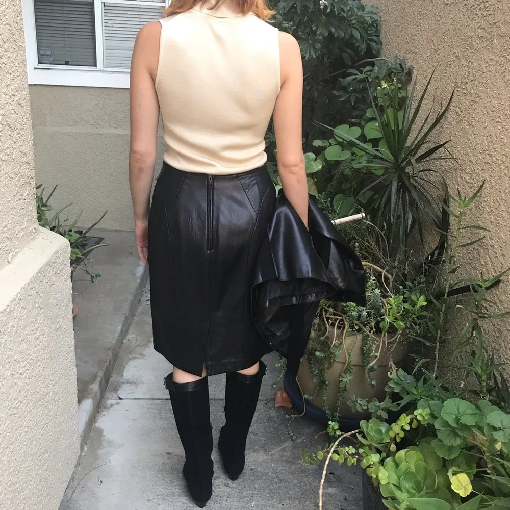 Vintage Positano black genuine leather midi skirt